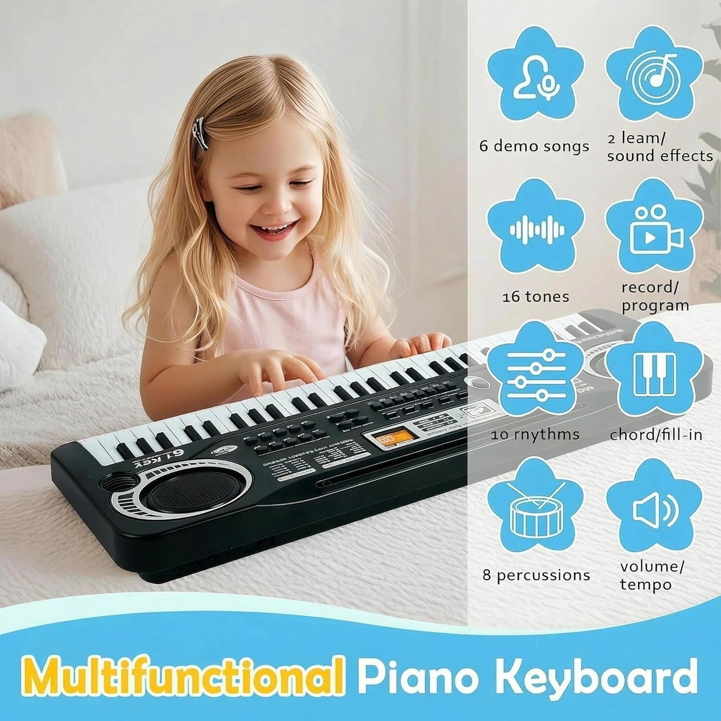 61-Key Digital Piano Keyboard - Portable Arranger for Beginners, Black DEMO