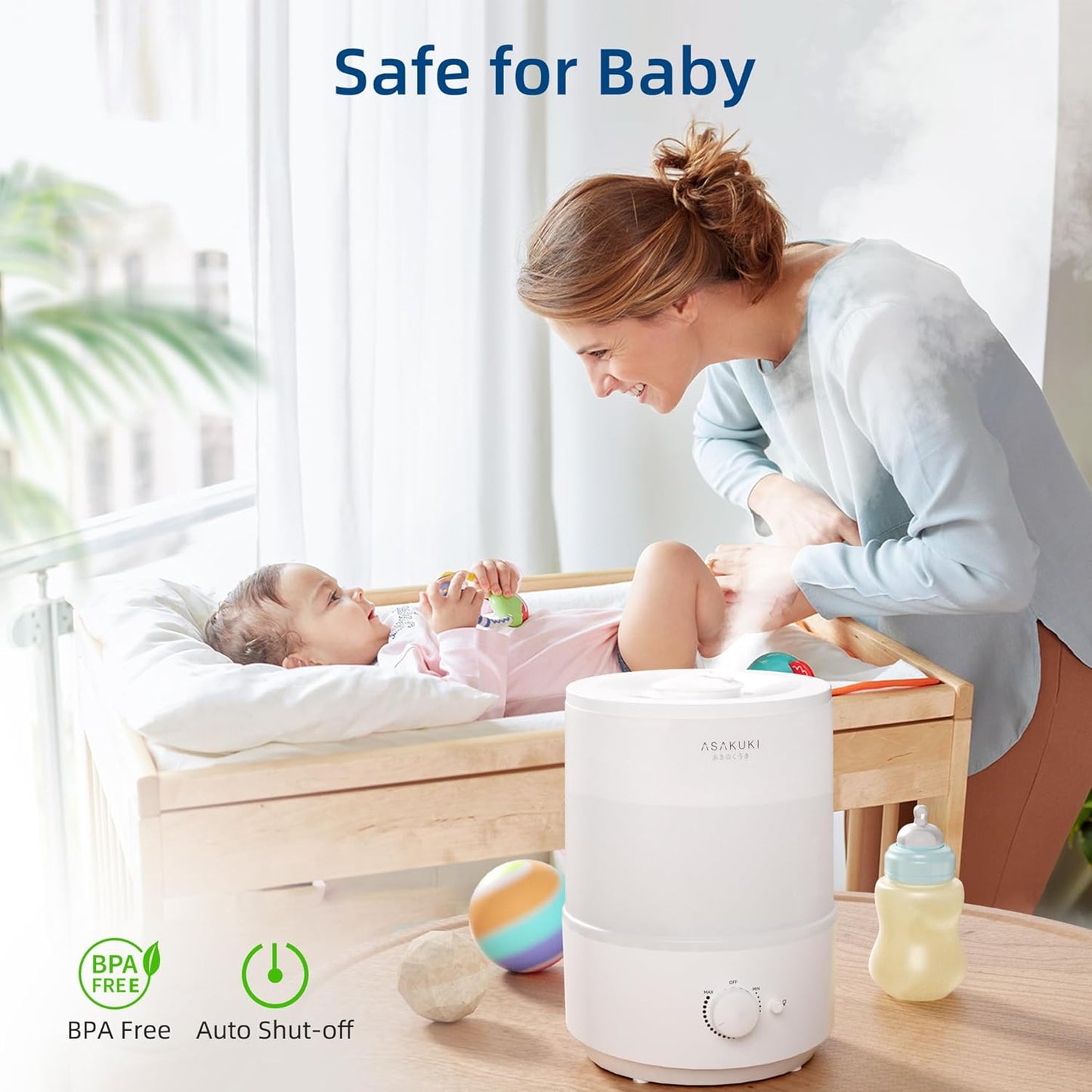 ASAKUKI 3L Cool Mist Humidifier for Bedroom, Top Fill, White, Single Room DEMO