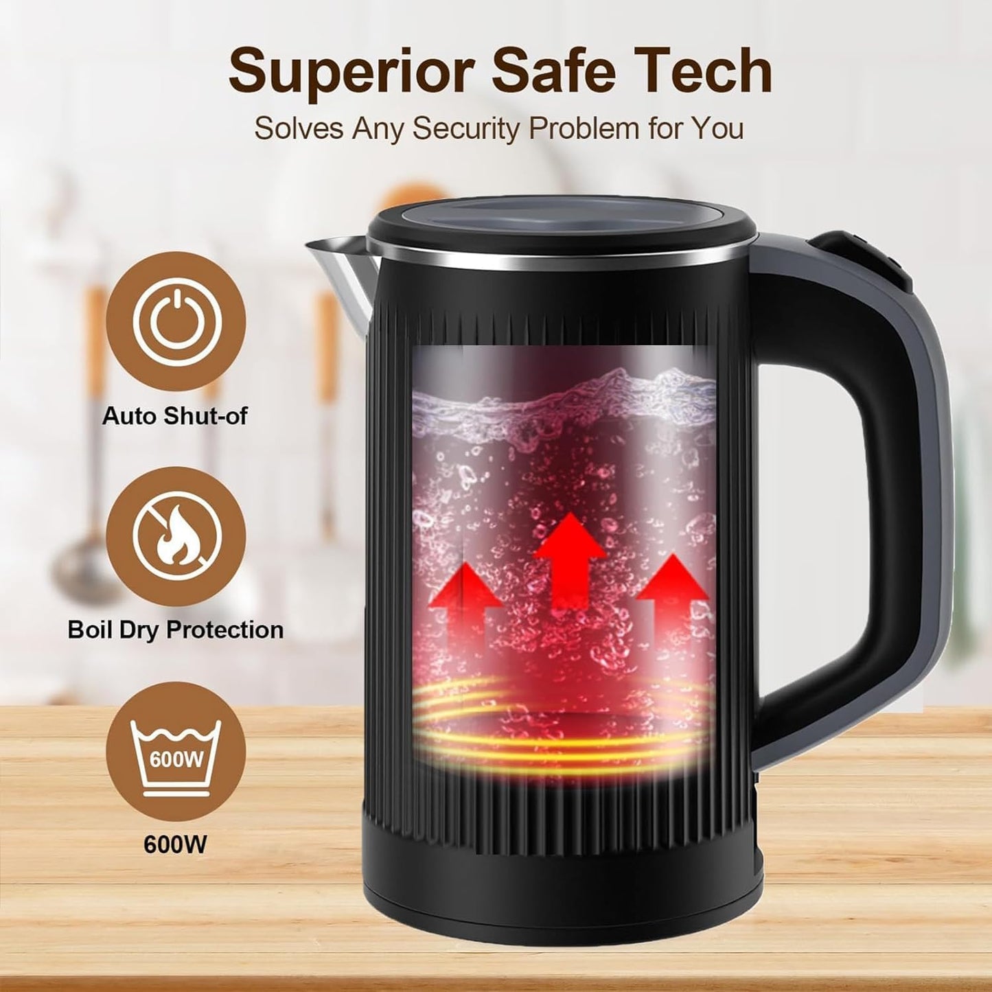 Compact 800ml Stainless Steel Electric Kettle, Black Portable Mini Kettle DEMO