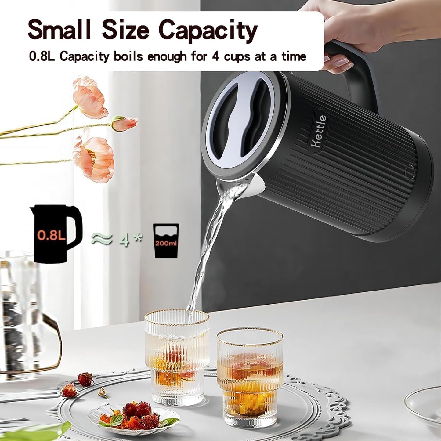 Compact 800ml Stainless Steel Electric Kettle, Black Portable Mini Kettle DEMO