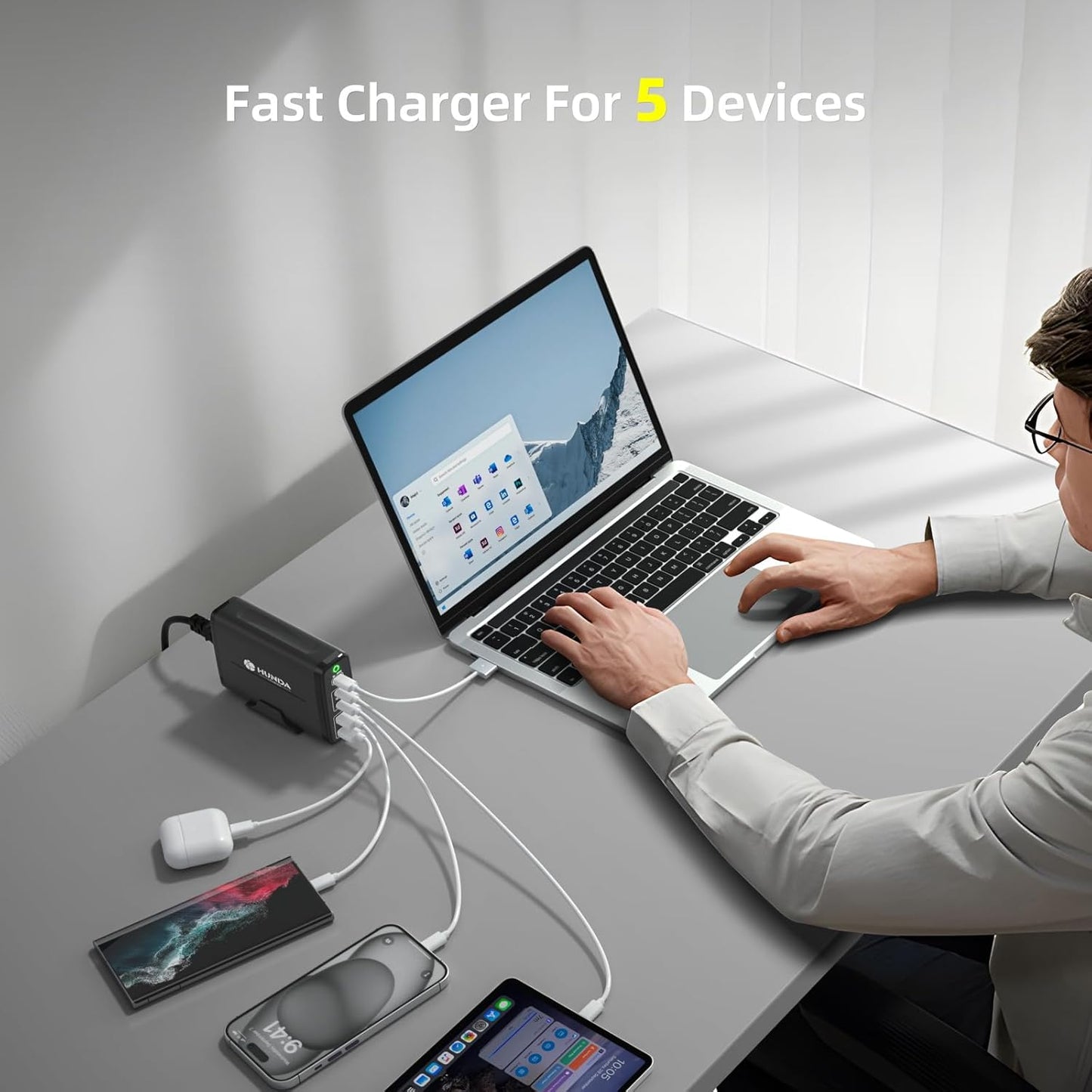 HUNDA 245W USB-C Charger 5-Port PD Fast Charging Adapter Portable Mains NEW