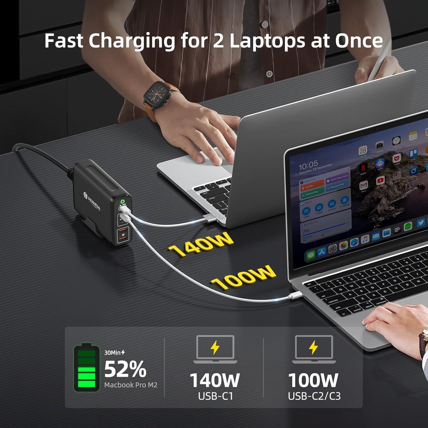 HUNDA 245W USB-C Charger 5-Port PD Fast Charging Adapter Portable Mains NEW
