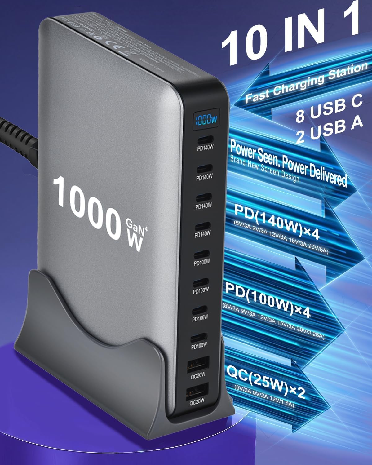 Powerful 10-Port USB-C Charging Station - Black Mains Charger for NEW