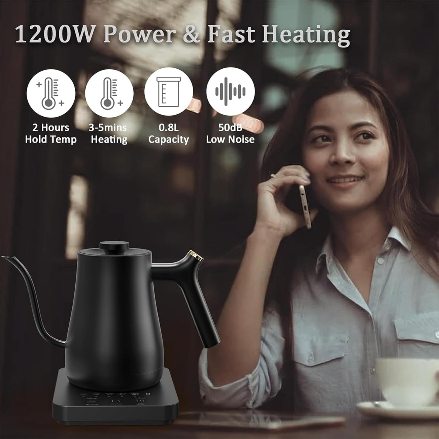 Black Electric Gooseneck Kettle with 5 Precise Temperature Control DEMO