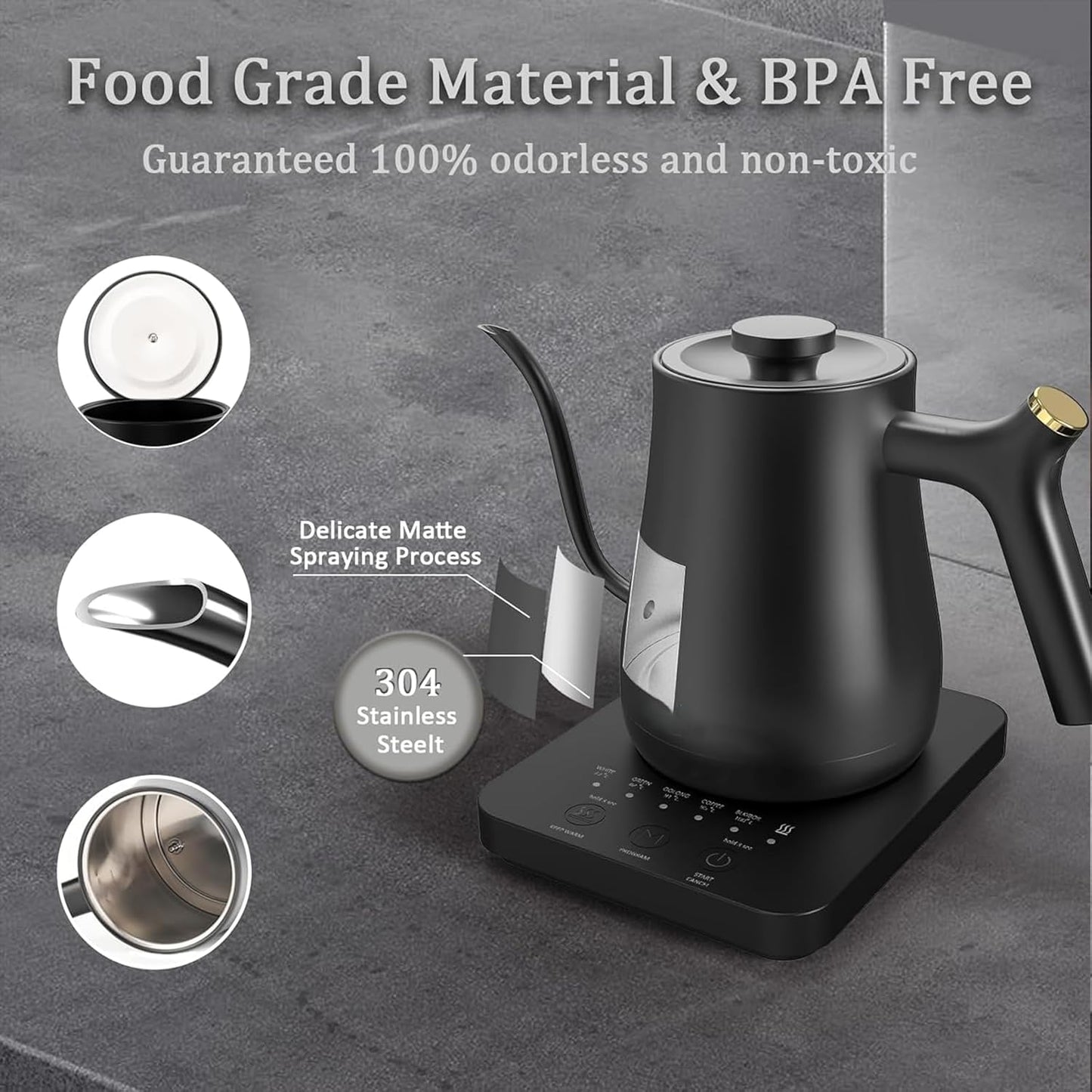 Black Electric Gooseneck Kettle with 5 Precise Temperature Control DEMO