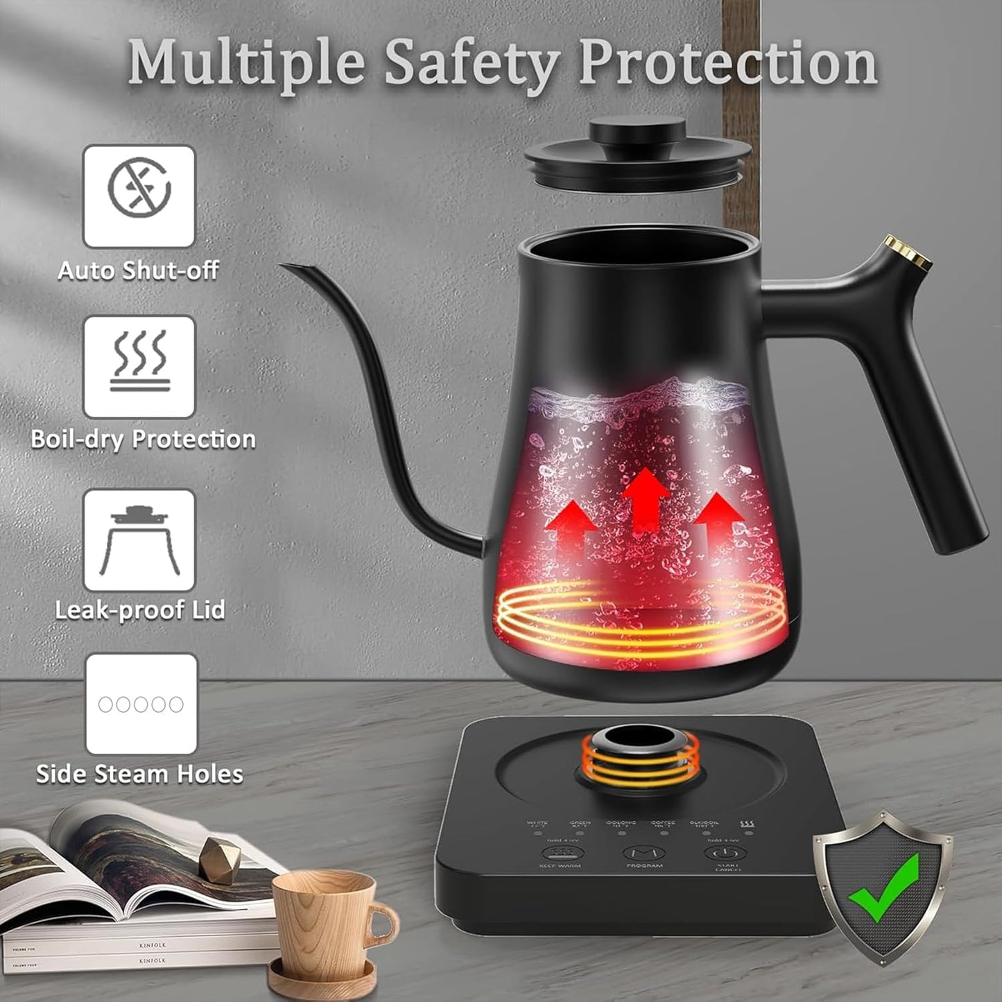 Black Electric Gooseneck Kettle with 5 Precise Temperature Control DEMO