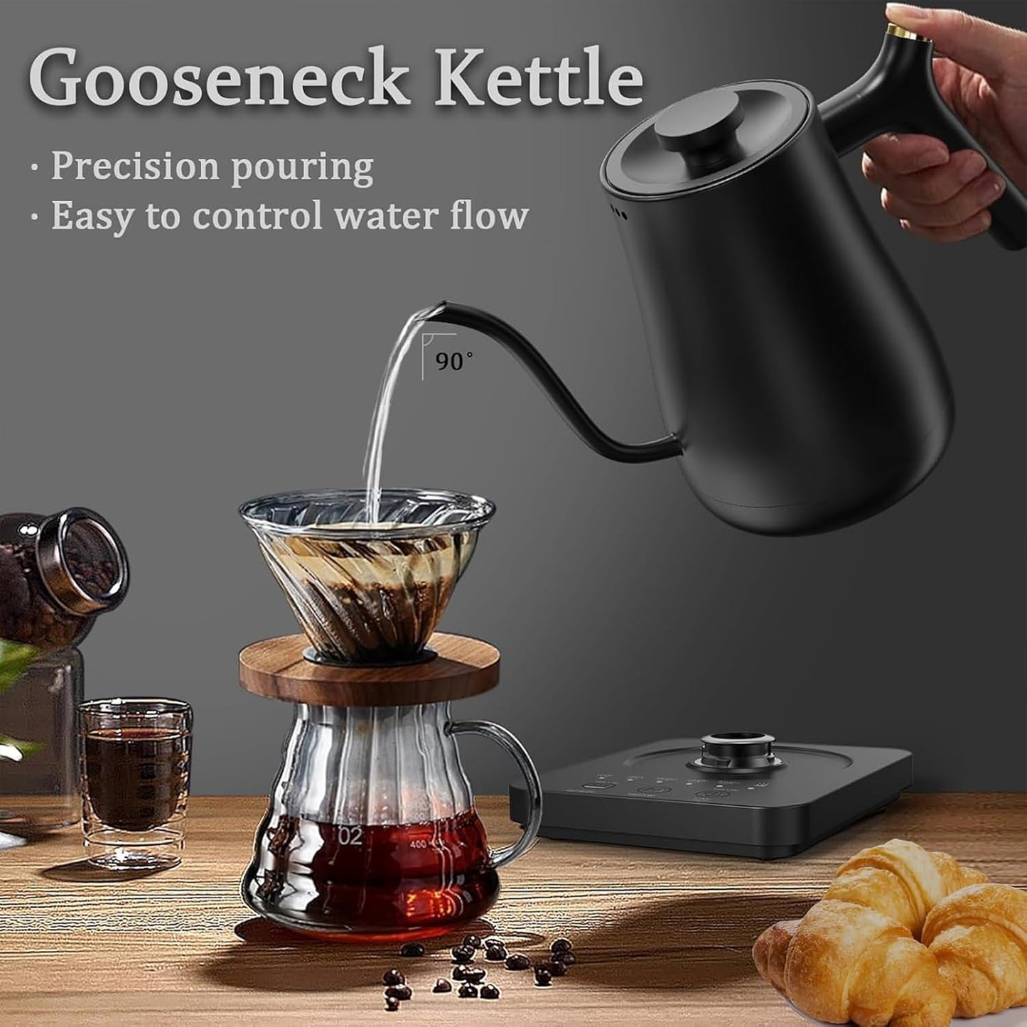 Black Electric Gooseneck Kettle with 5 Precise Temperature Control DEMO