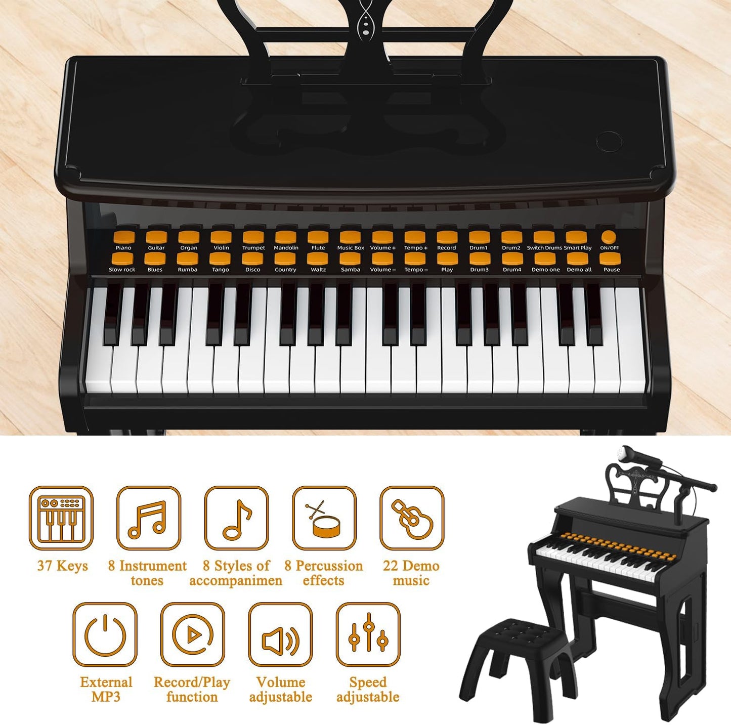 37-Key Electric Piano Keyboard Toy for Kids Toddlers 8 Tones Black Size 9 DEMO