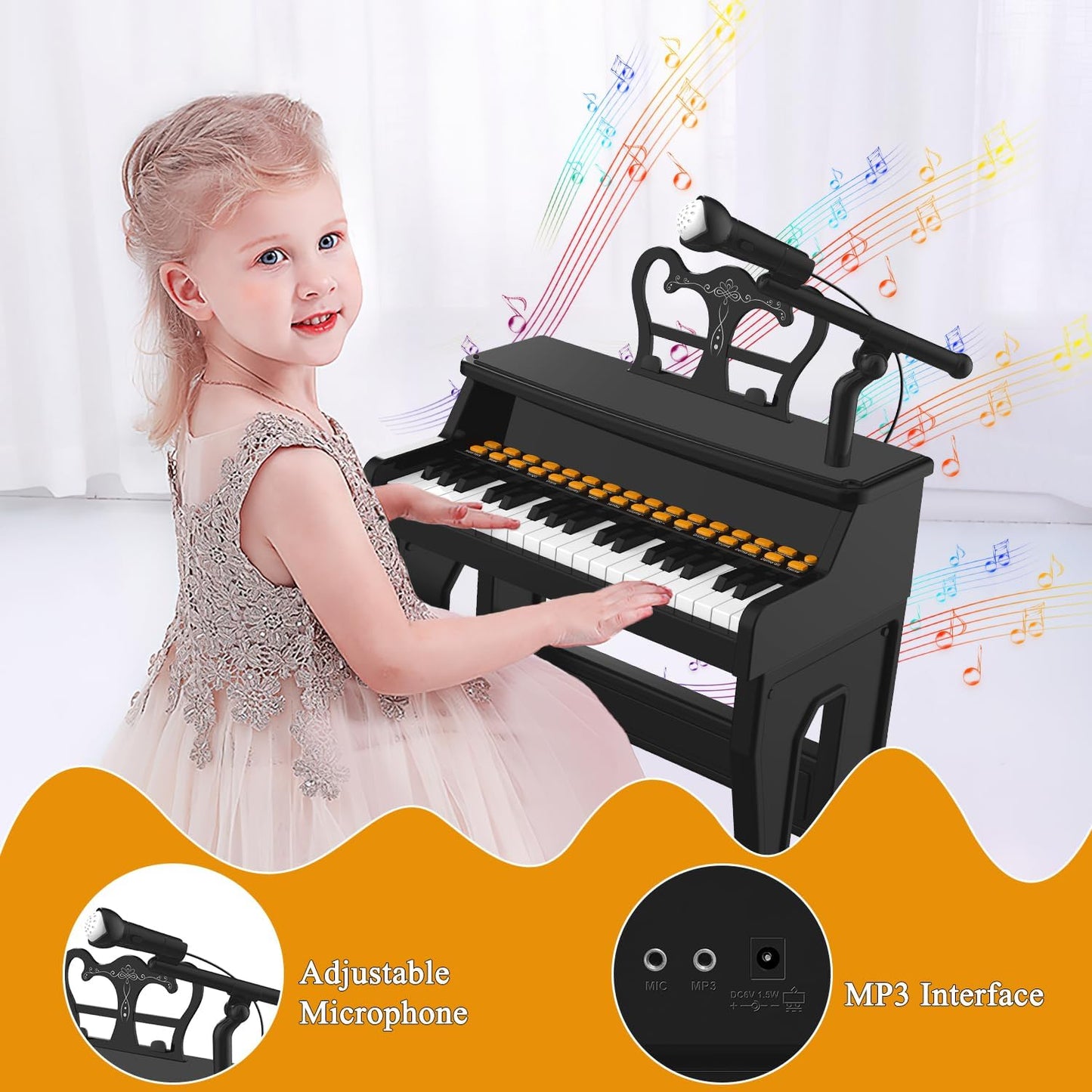 37-Key Electric Piano Keyboard Toy for Kids Toddlers 8 Tones Black Size 9 DEMO
