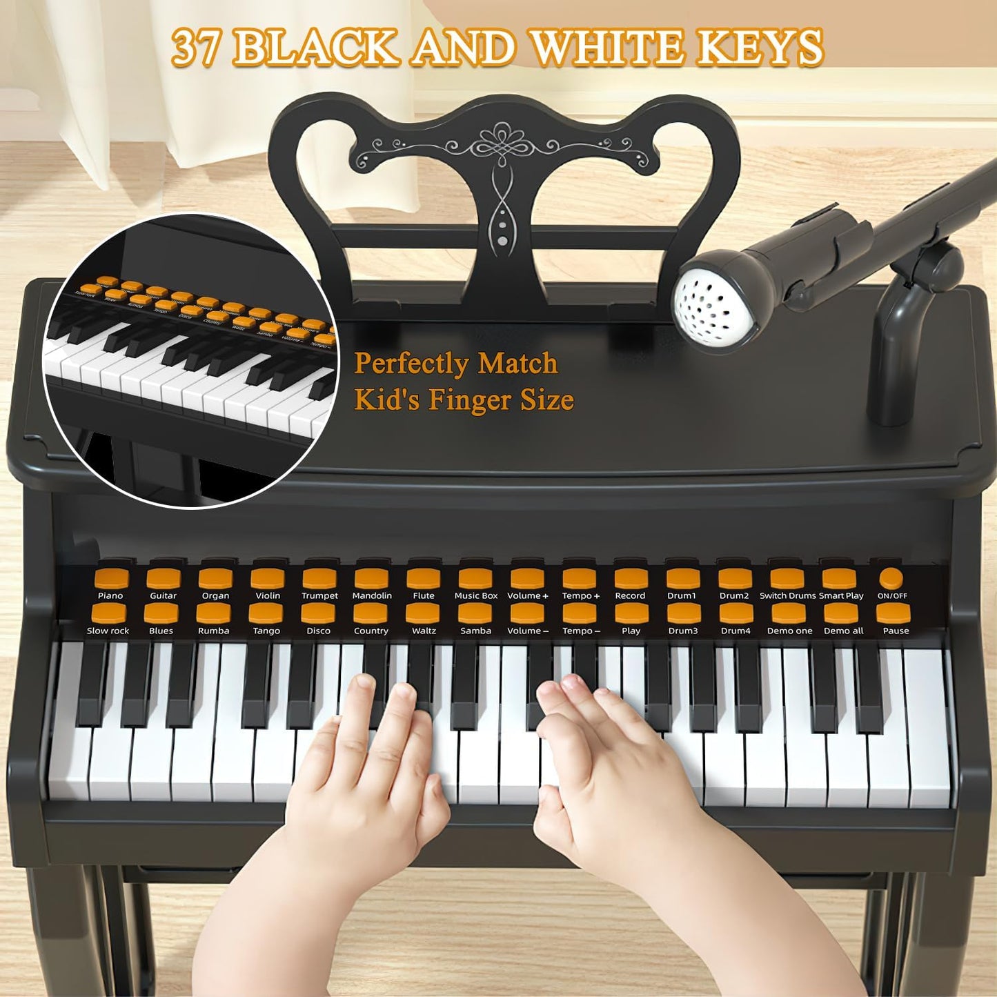 37-Key Electric Piano Keyboard Toy for Kids Toddlers 8 Tones Black Size 9 DEMO