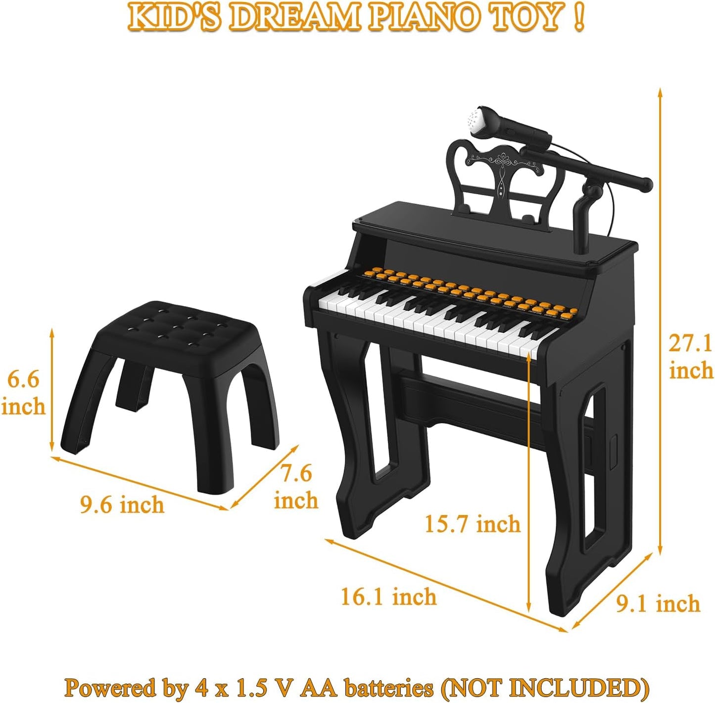 37-Key Electric Piano Keyboard Toy for Kids Toddlers 8 Tones Black Size 9 DEMO