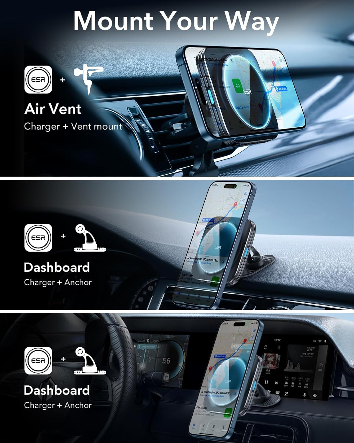 ESR Wireless MagSafe Car Mount Charger - Black Induction Charging Pad DEMO