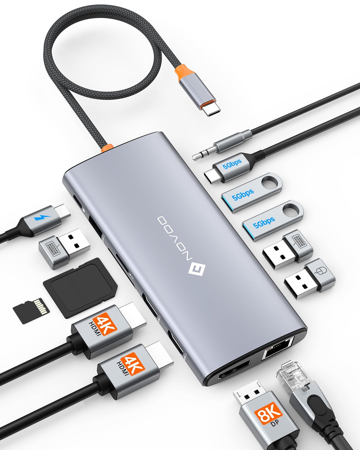 NOVOO 14-in-1 USB-C Docking Station with Dual 4K60Hz HDMI Ports, Grey Size NEW