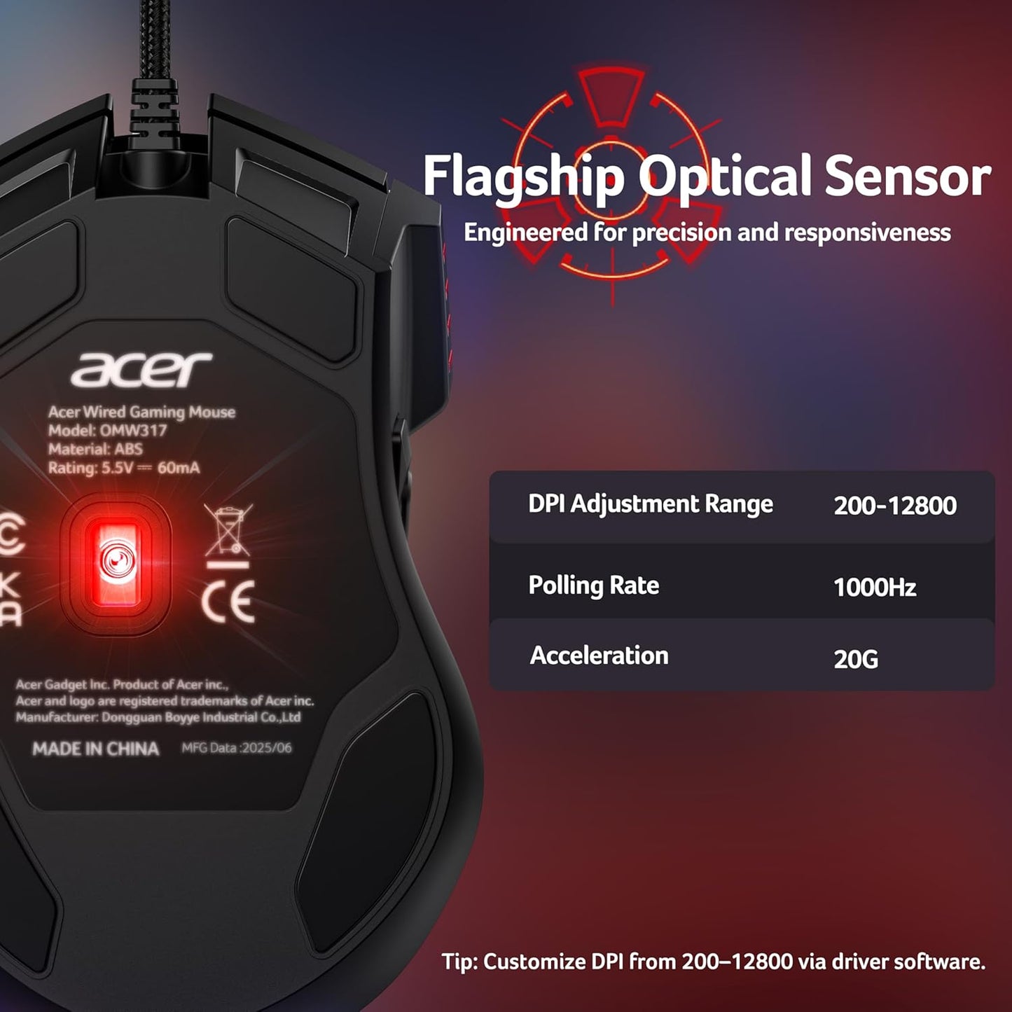 Acer High-Precision Wired Gaming Mouse with 12800 DPI Optical Sensor, Black DEMO