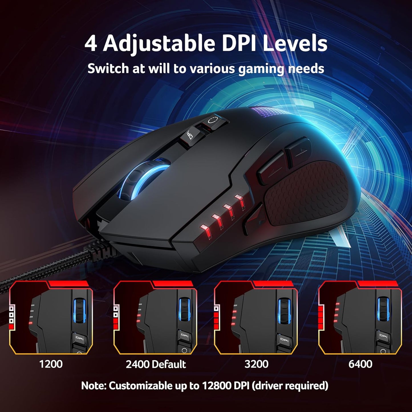 Acer High-Precision Wired Gaming Mouse with 12800 DPI Optical Sensor, Black DEMO