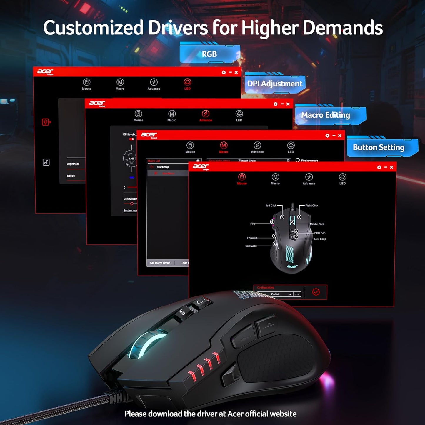 Acer High-Precision Wired Gaming Mouse with 12800 DPI Optical Sensor, Black DEMO