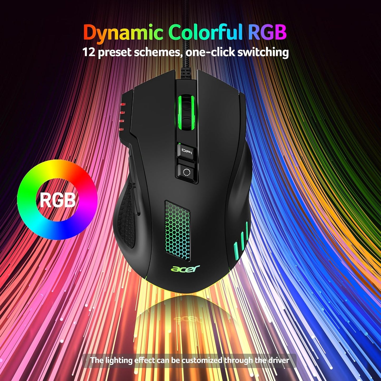 Acer High-Precision Wired Gaming Mouse with 12800 DPI Optical Sensor, Black DEMO