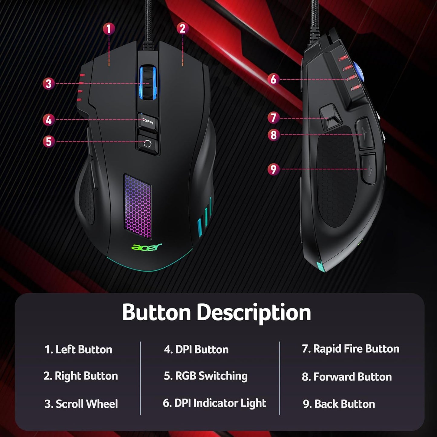 Acer High-Precision Wired Gaming Mouse with 12800 DPI Optical Sensor, Black DEMO