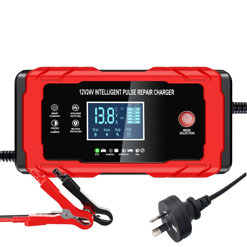 10-Amp Smart Trickle Battery Charger for 12V/24V Vehicles in Red & Black DEMO