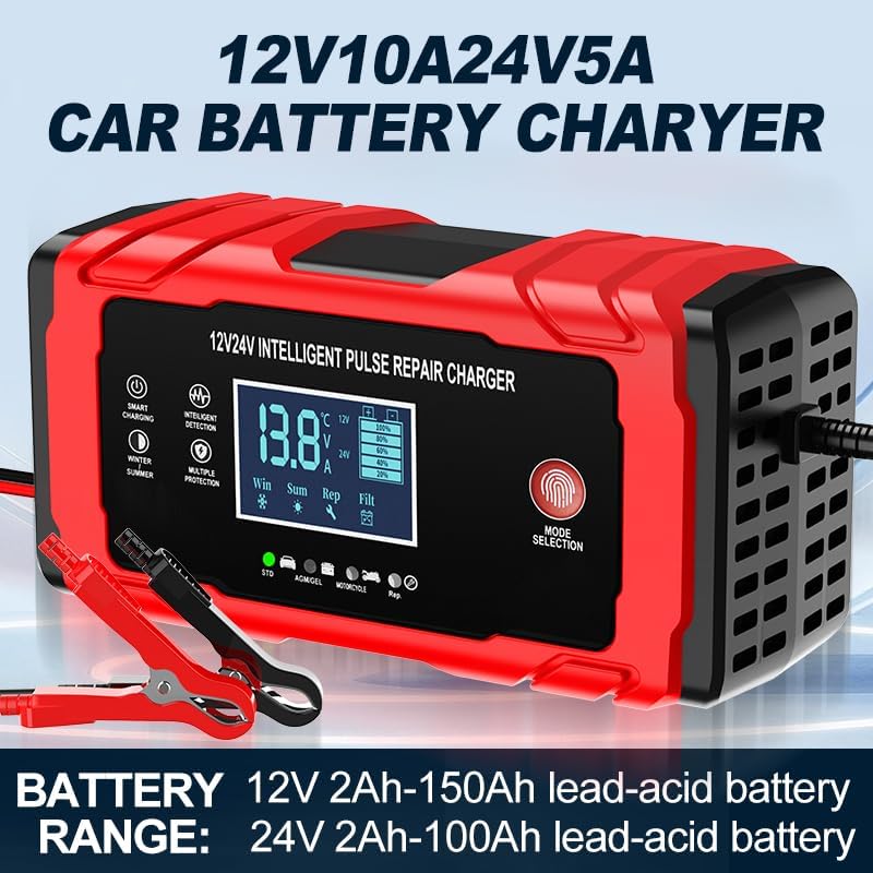 10-Amp Smart Trickle Battery Charger for 12V/24V Vehicles in Red & Black DEMO