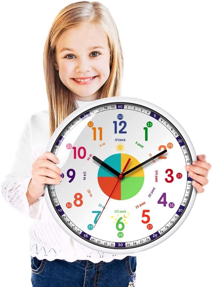 Small White Wall Clock for Learning to Tell Time - Decorative Analog Kids DEMO