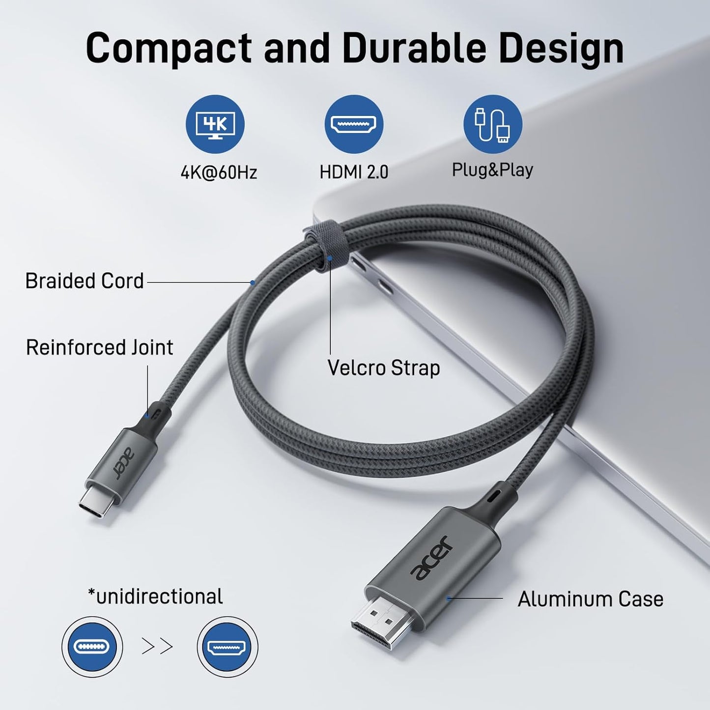 Acer 2m USB-C to HDMI Cable 4K@60Hz High-Speed Connectivity Grey Adapter DEMO