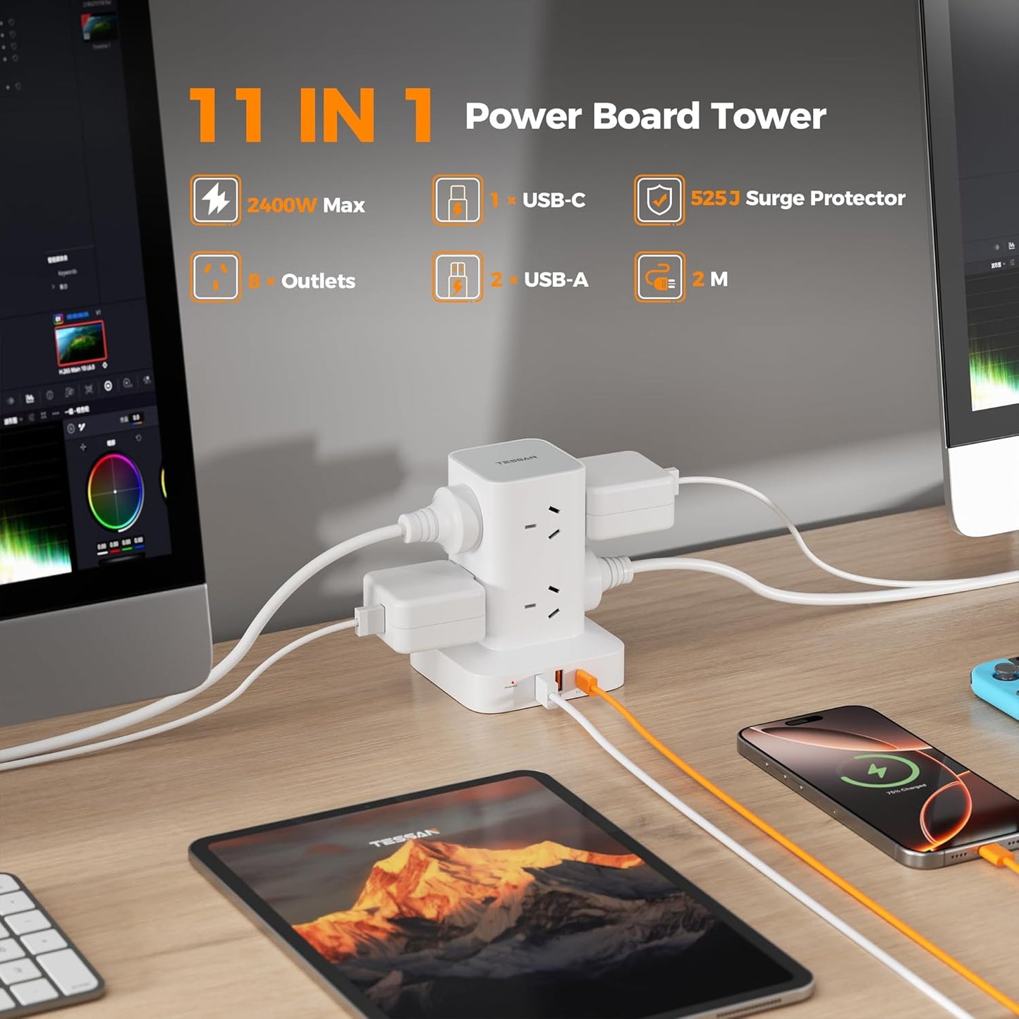 TESSAN 8-Outlet Power Strip with USB-C Surge Protection, White Electrical DEMO