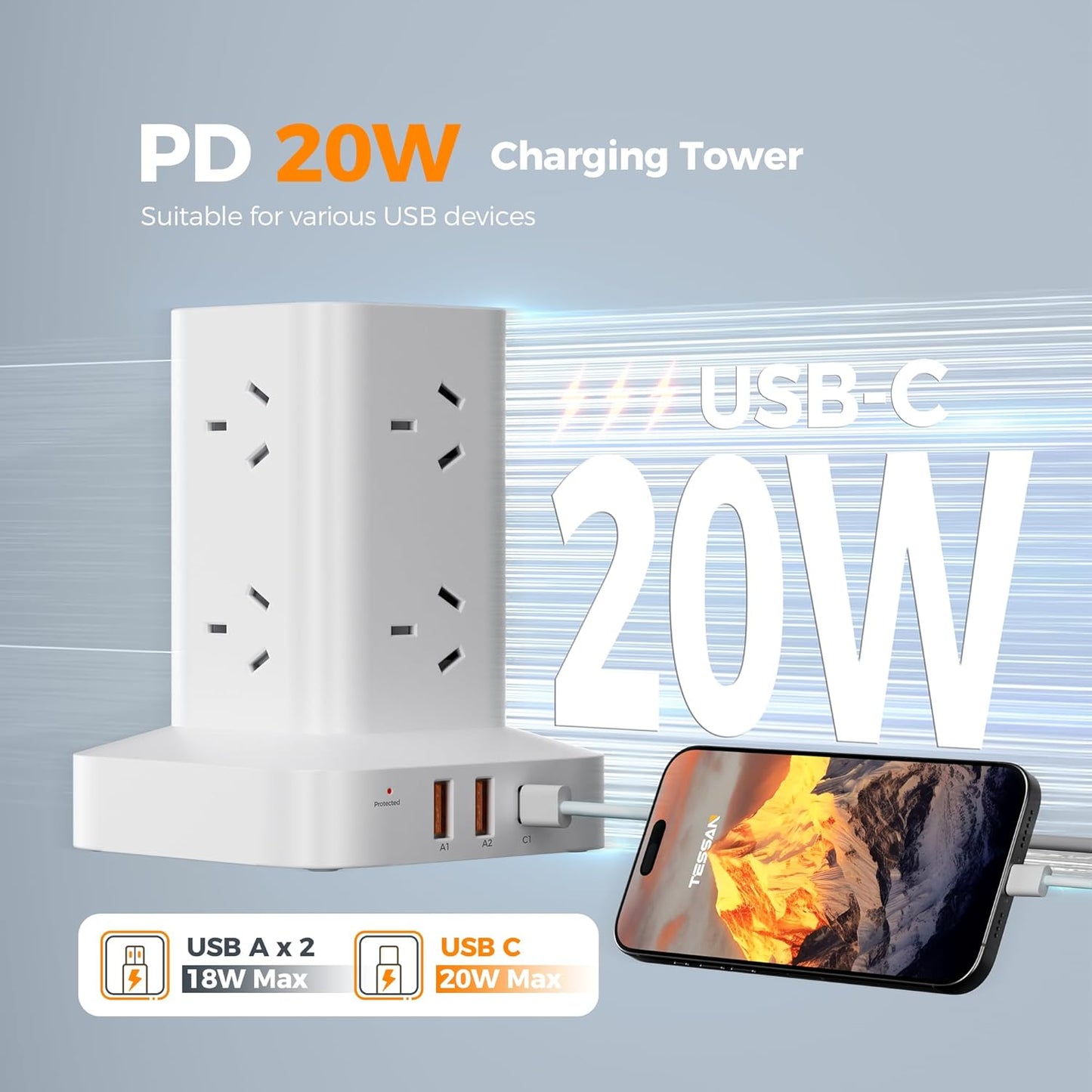 TESSAN 8-Outlet Power Strip with USB-C Surge Protection, White Electrical DEMO