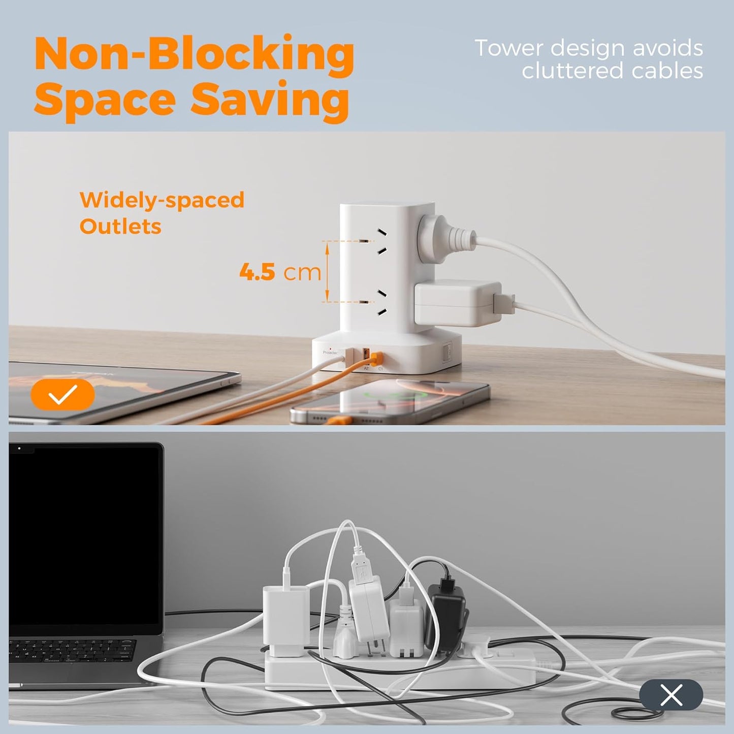TESSAN 8-Outlet Power Strip with USB-C Surge Protection, White Electrical DEMO
