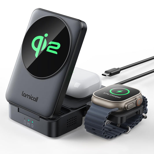 Lamicall 3-in-1 Qi2 Certified Wireless Charging Station Foldable Black NEW