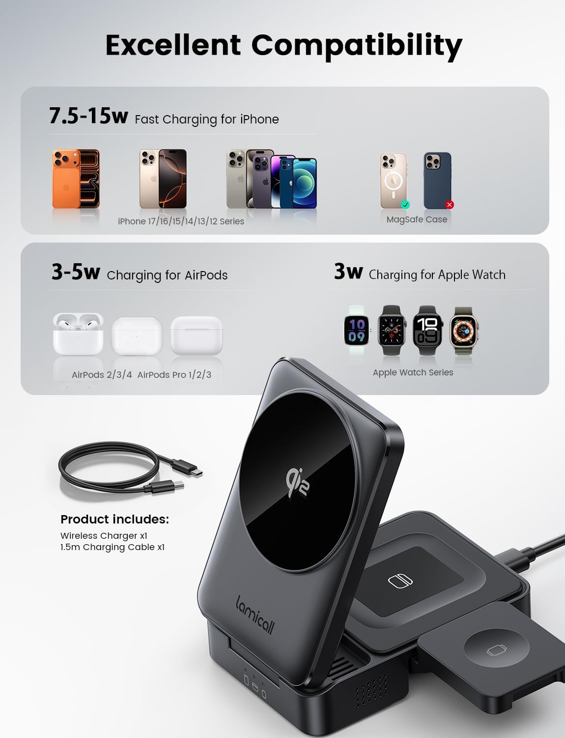 Lamicall 3-in-1 Qi2 Certified Wireless Charging Station Foldable Black NEW