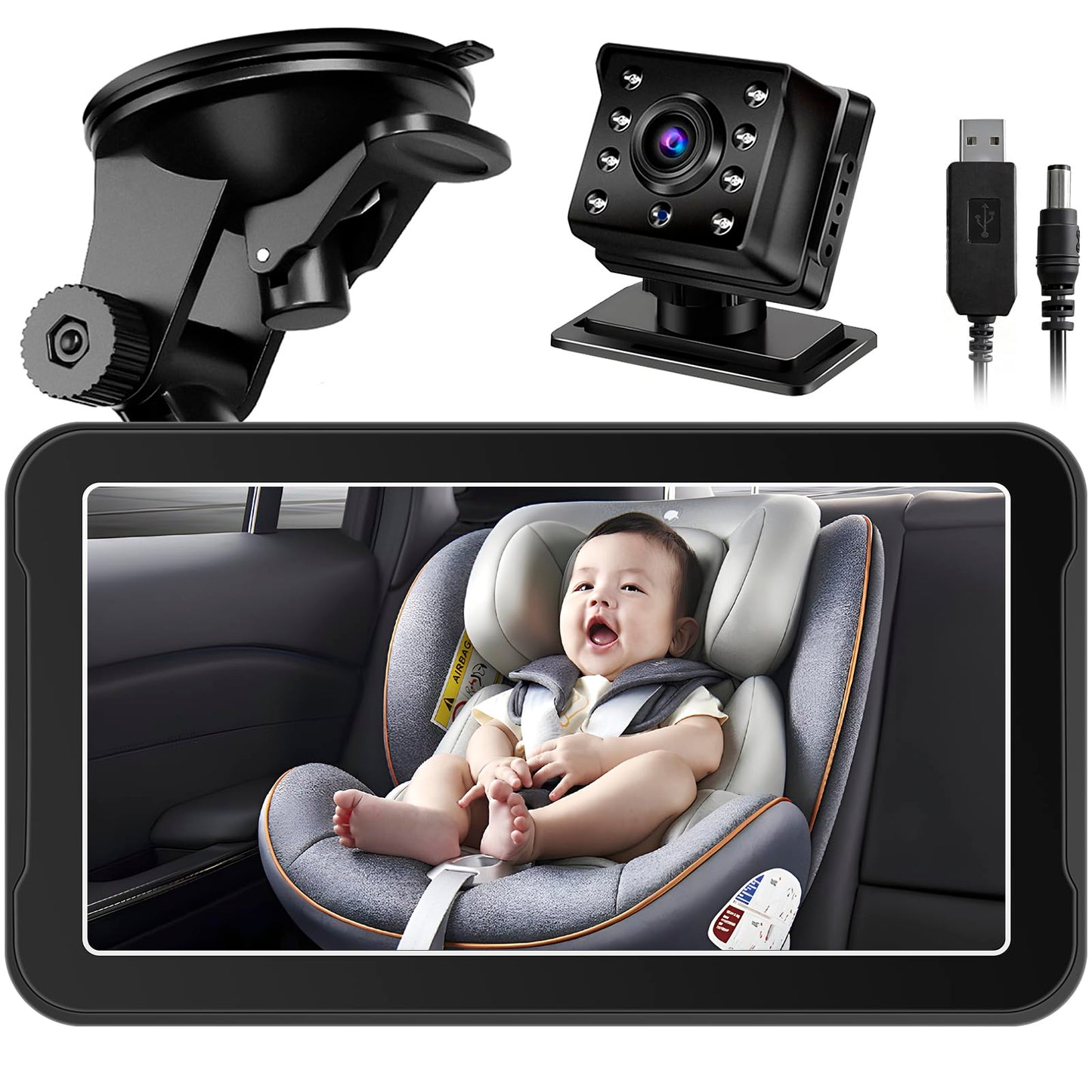 7" 2K HD 360° Rotating Backseat Baby Car Camera Monitor - Black Mirror DEMO