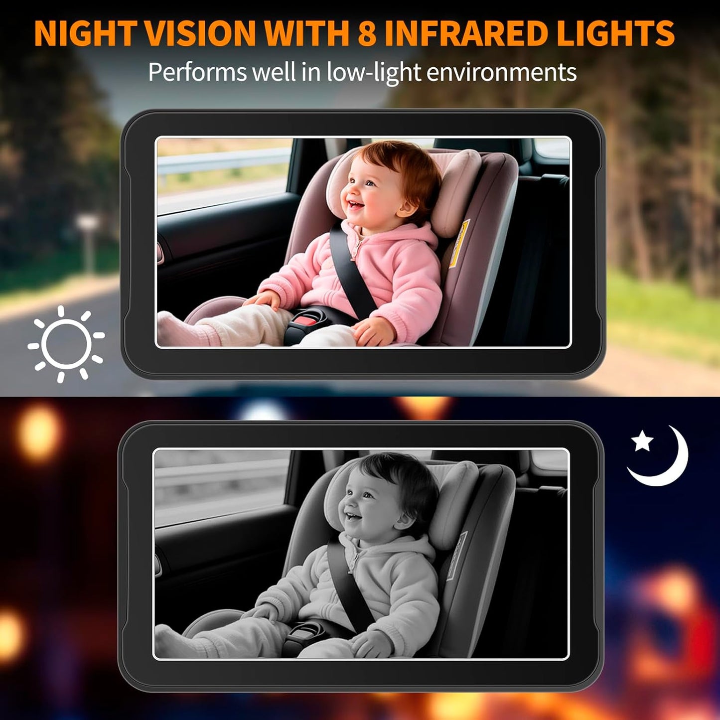 7" 2K HD 360° Rotating Backseat Baby Car Camera Monitor - Black Mirror DEMO