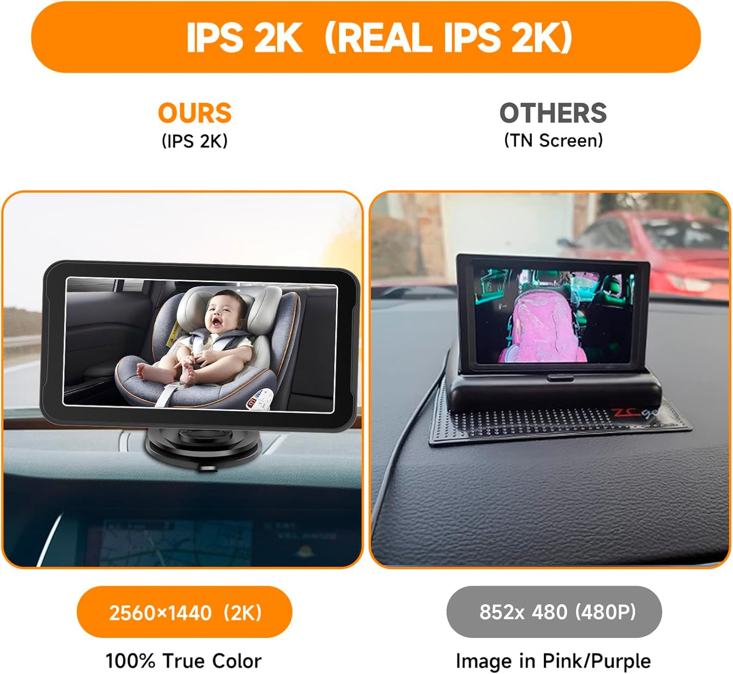 7" 2K HD 360° Rotating Backseat Baby Car Camera Monitor - Black Mirror DEMO