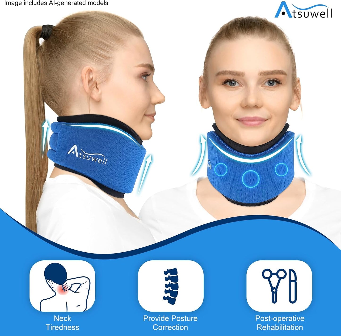 Atsuwell Soft Cervical Collar Neck Brace for Pain Relief and Support Blue DEMO