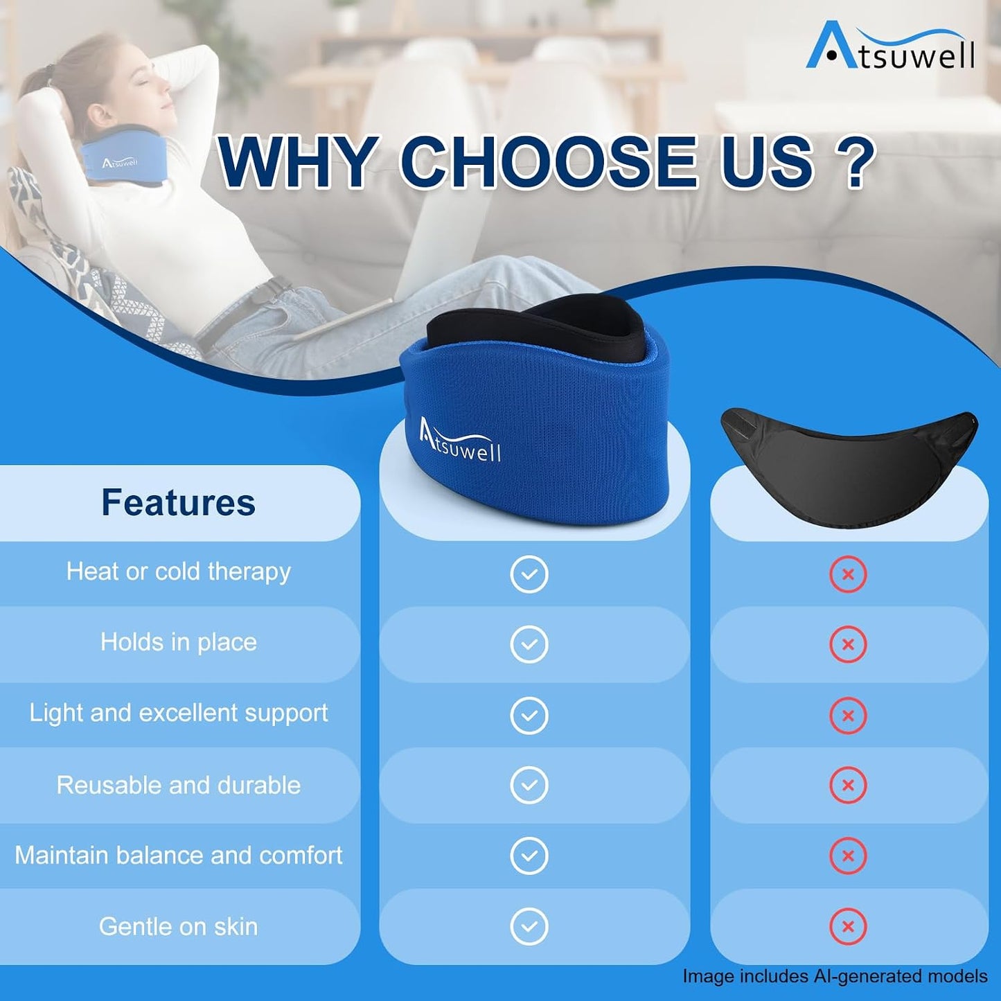 Atsuwell Soft Cervical Collar Neck Brace for Pain Relief and Support Blue DEMO