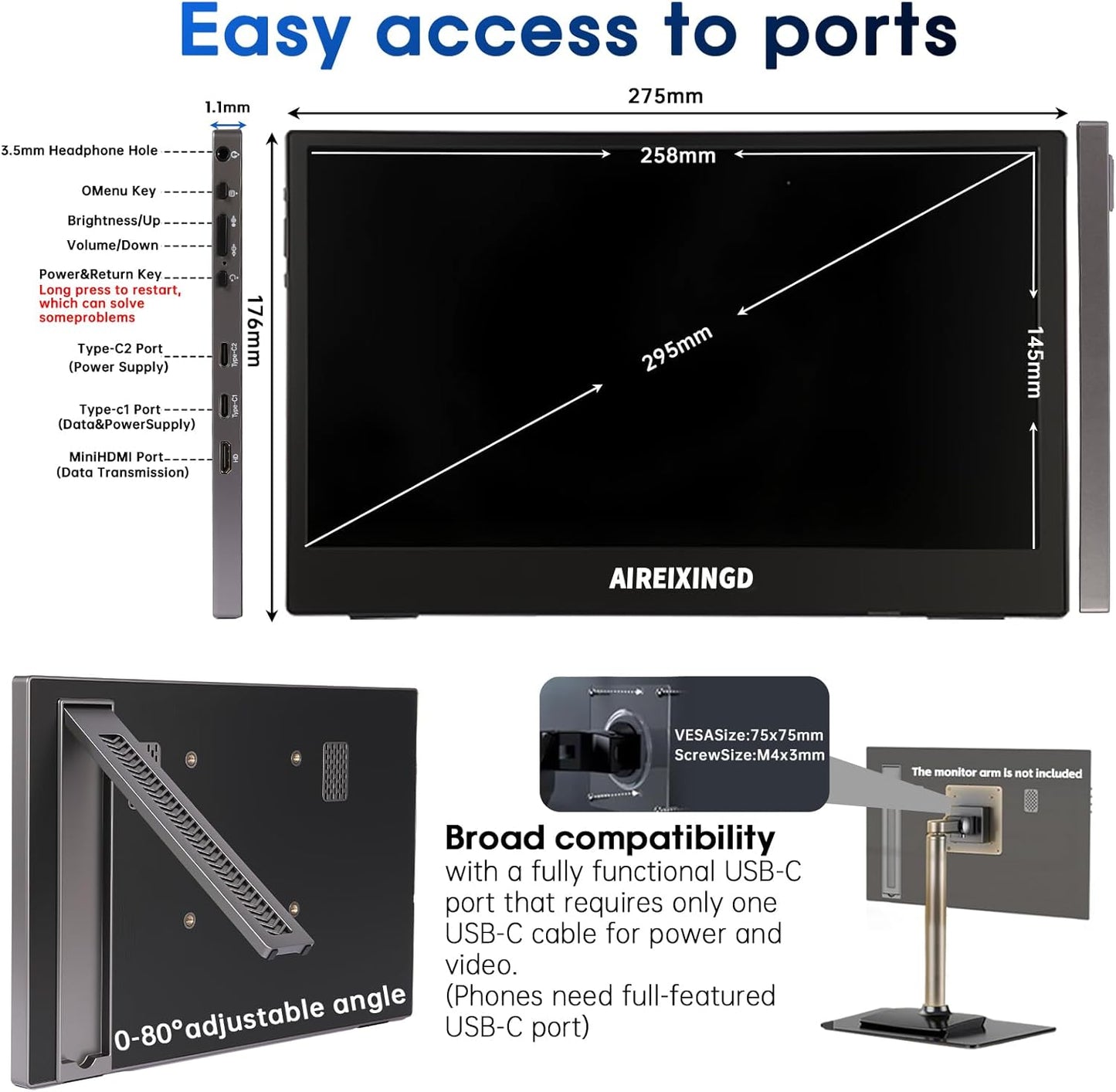 AIREIXINGD 11.6-Inch Monitors Portable HD 1366x768 HDMI Monitor for Home DEMO