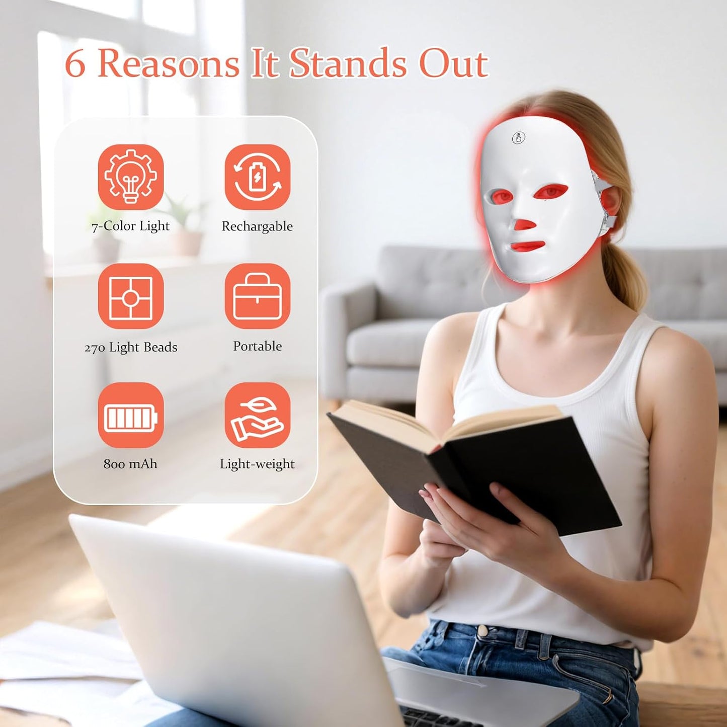 7 Color Light Therapy LED Face Mask Skin Rejuvenation Device White One Size NEW