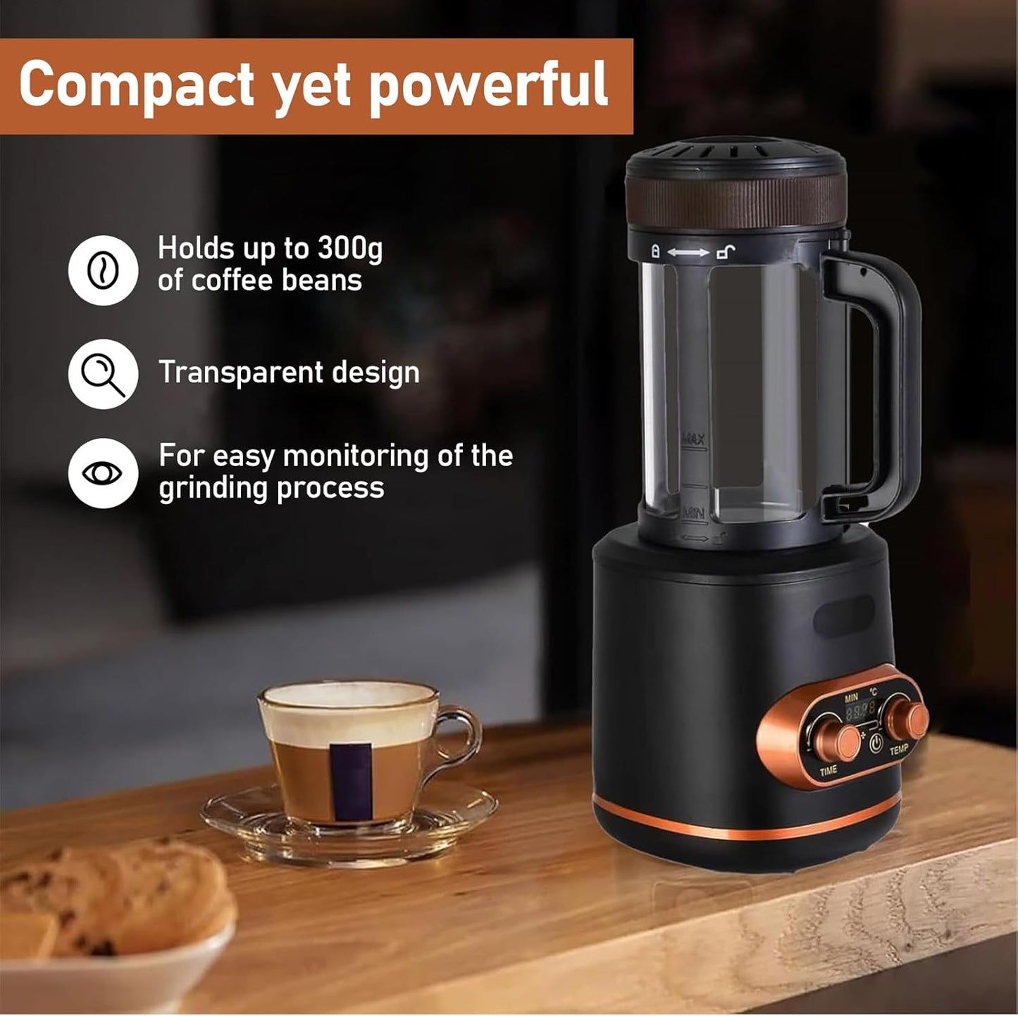 Adjustable Temperature Automatic Coffee Roaster in Black & Brown for Home DEMO