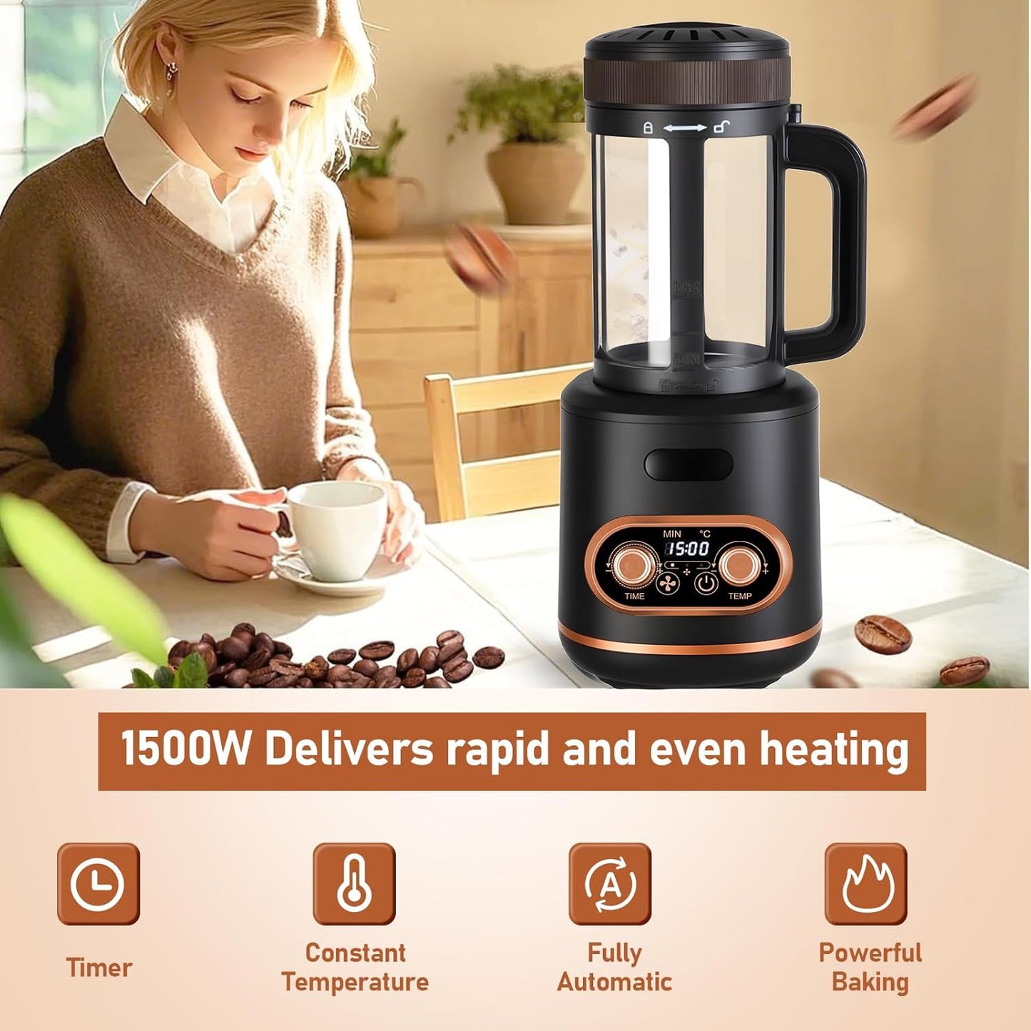 Adjustable Temperature Automatic Coffee Roaster in Black & Brown for Home DEMO