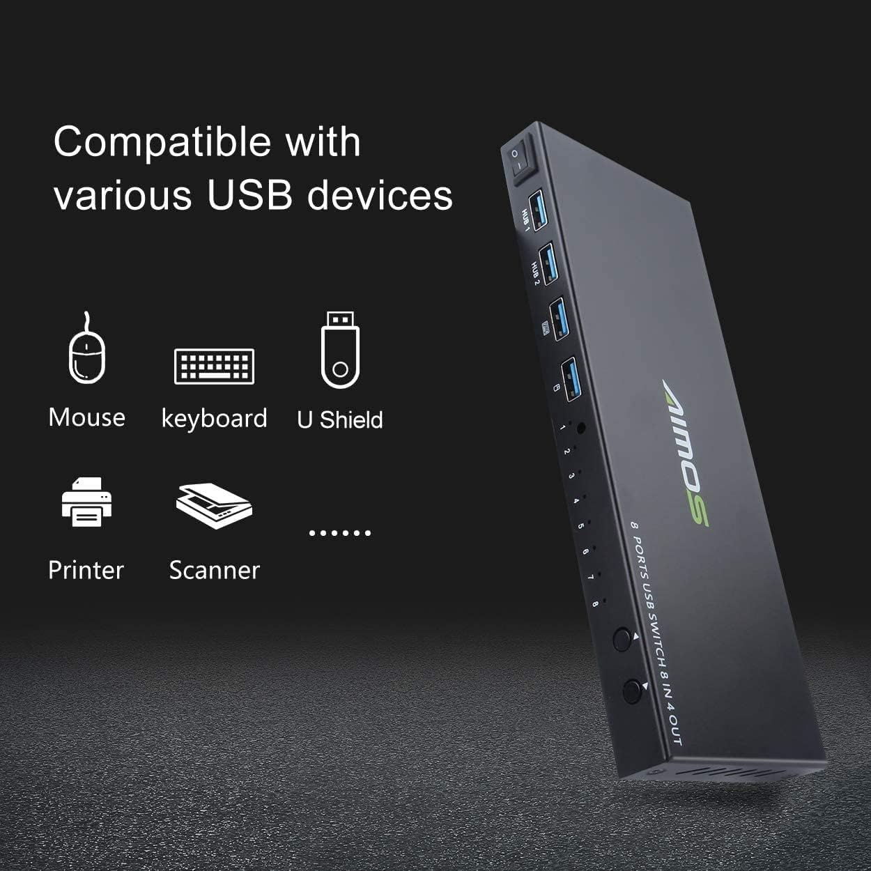 AIMOS 8-in-4-Out USB Printer Sharer Switcher Hub Selector Box Black Size NEW