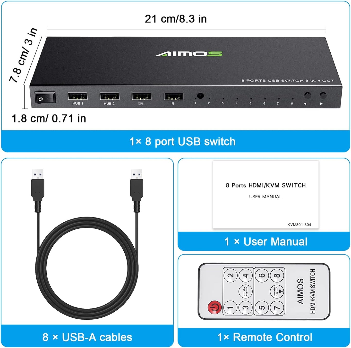 AIMOS 8-in-4-Out USB Printer Sharer Switcher Hub Selector Box Black Size NEW