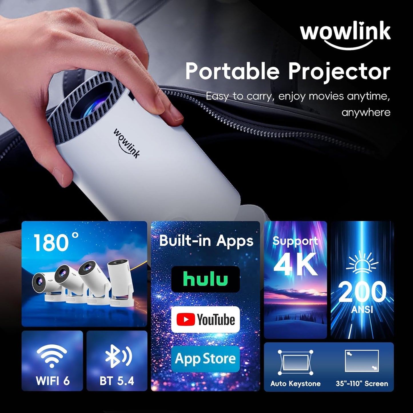wowlink Mini Projectors Projector with WiFi 6 and Bluetooth 5.4 Wireless Home