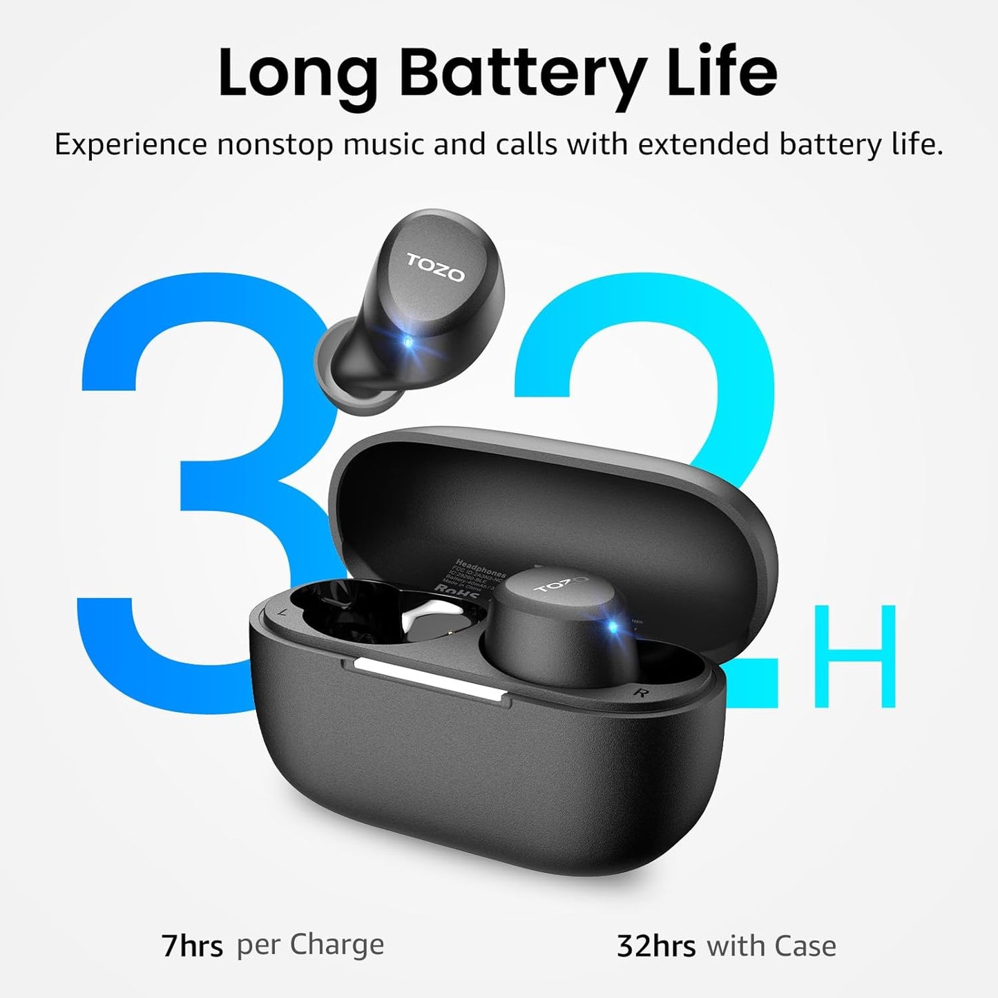 TOZO Wireless Bluetooth 5.3 In-Ear Headphones, IPX5 Waterproof, Black NEW