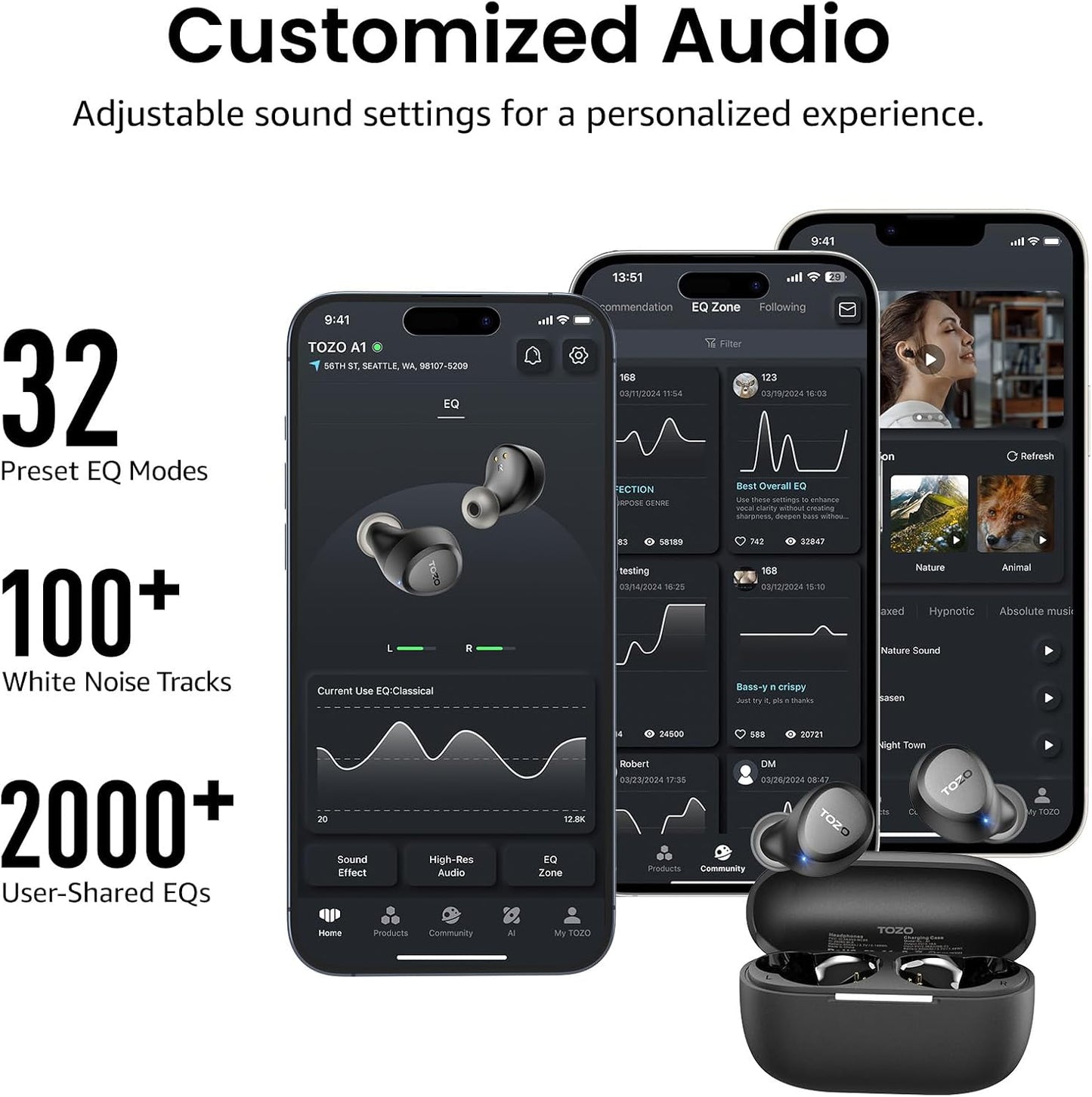 TOZO Wireless Bluetooth 5.3 In-Ear Headphones, IPX5 Waterproof, Black NEW