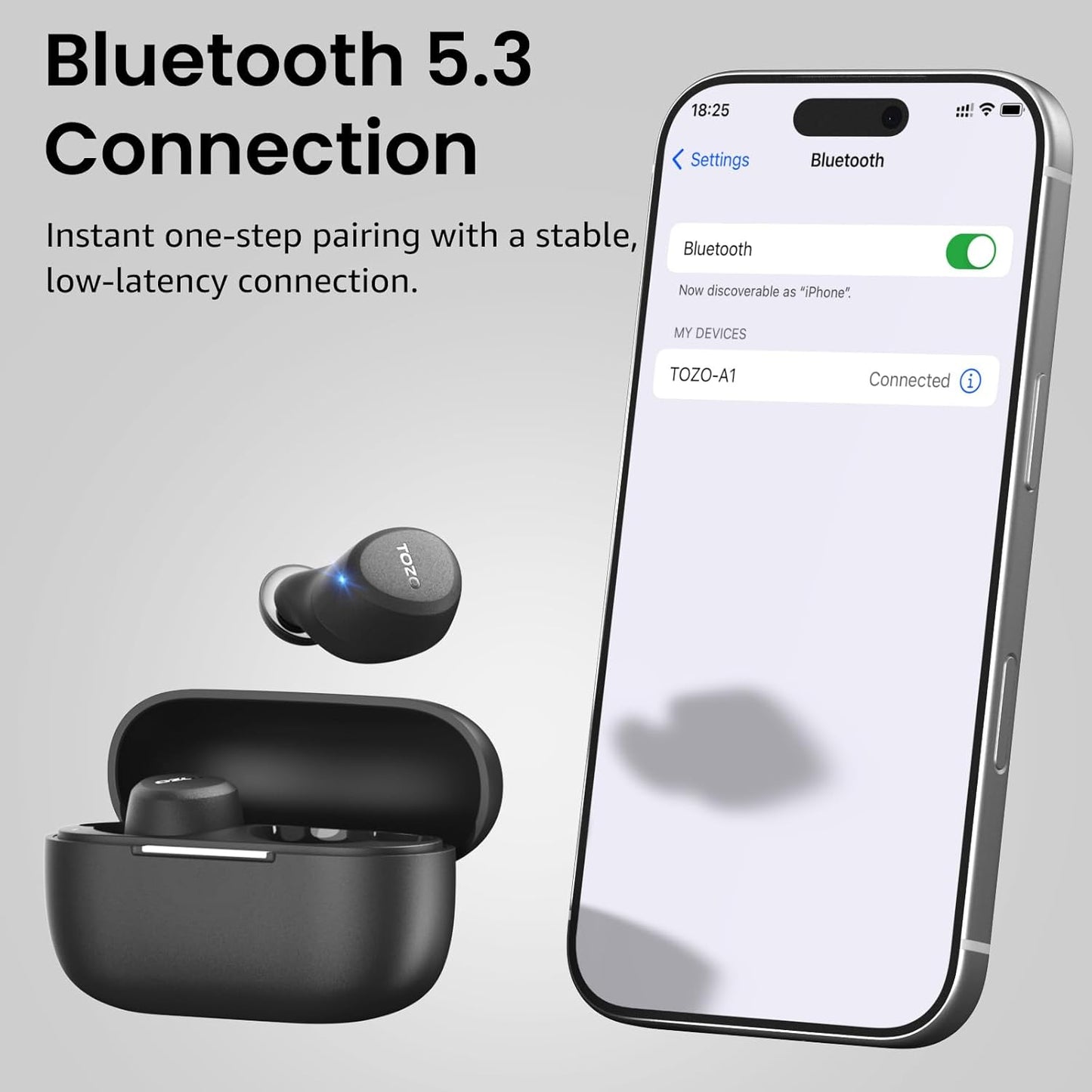 TOZO Wireless Bluetooth 5.3 In-Ear Headphones, IPX5 Waterproof, Black NEW