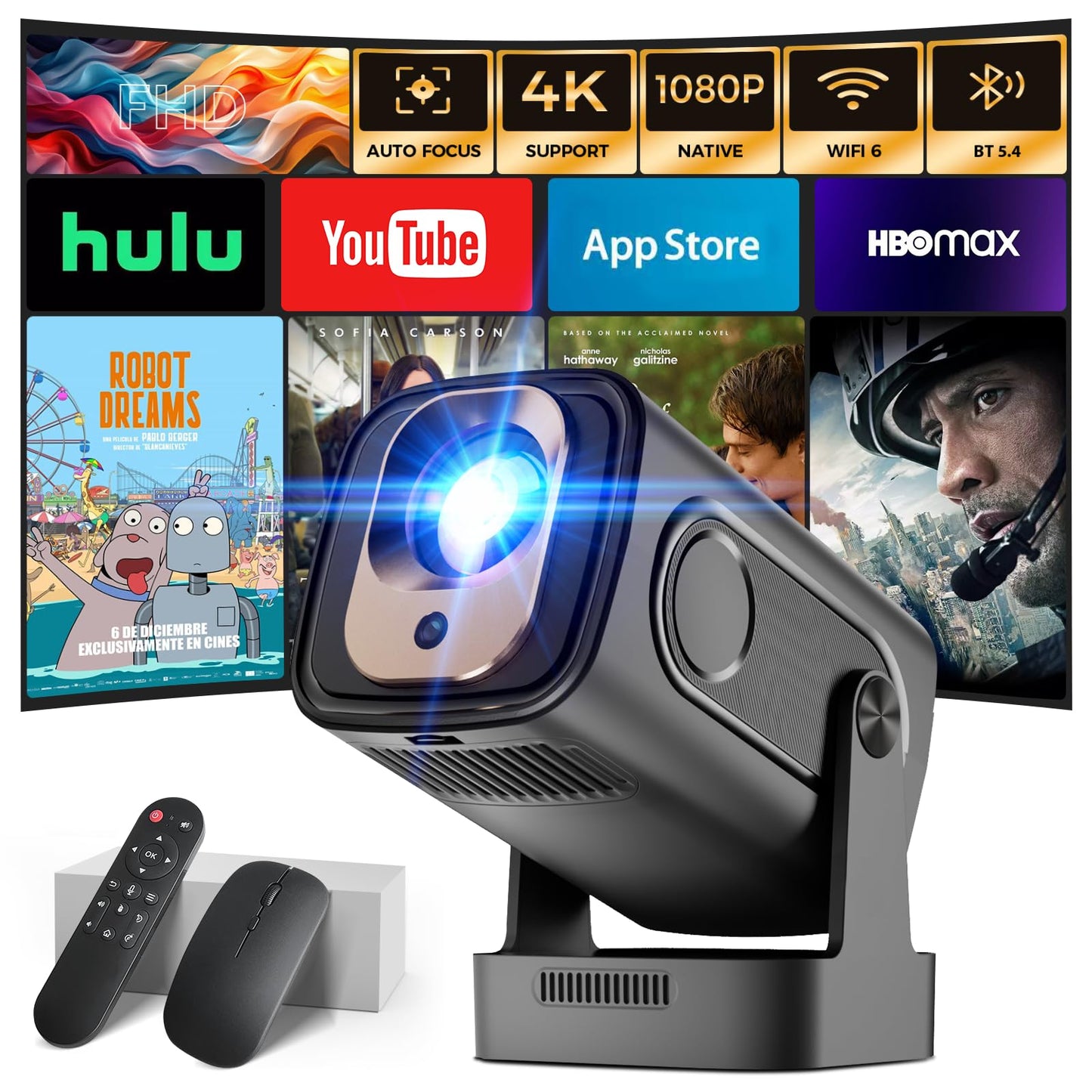 wowlink 4K Projectors Projector with Auto Focus, 1080P Native Resolution, Black