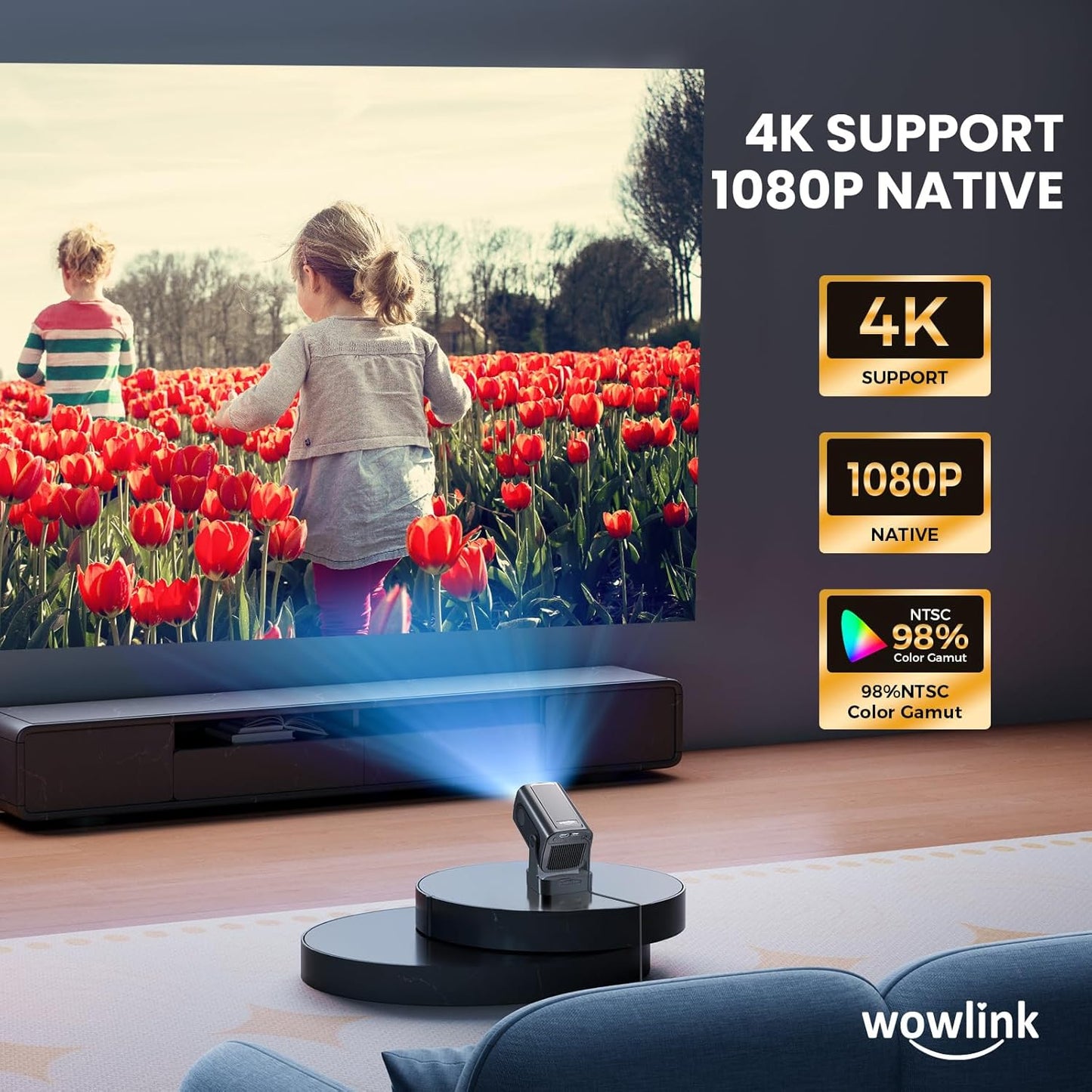 wowlink 4K Projectors Projector with Auto Focus, 1080P Native Resolution, Black