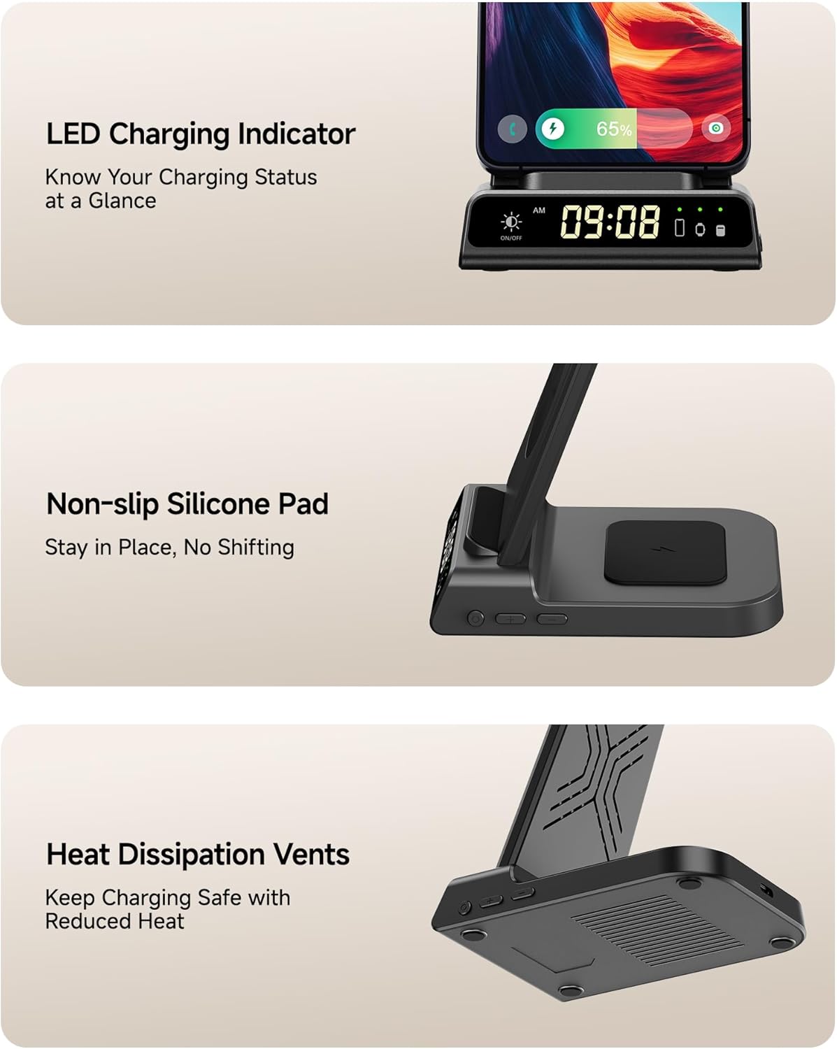 3-in-1 Wireless Charging Station for Smartphones, Black - Induction Charger DEMO