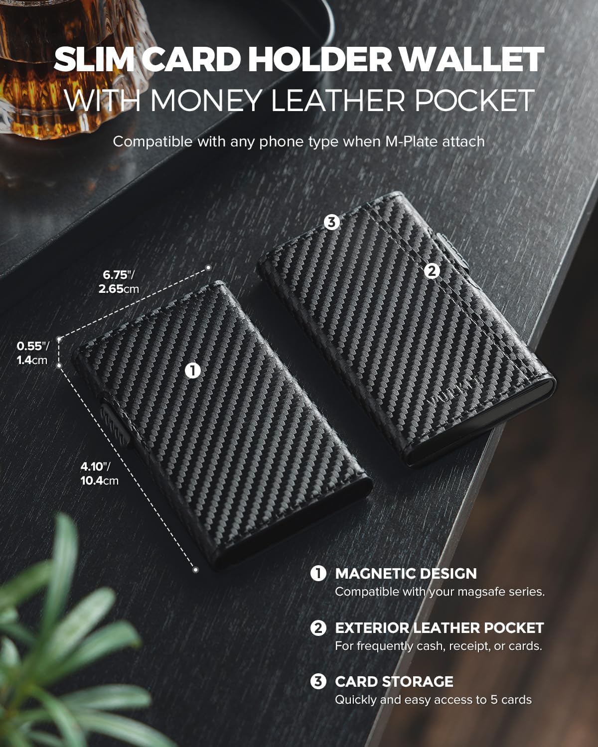 VULKIT Slim Wallets Wallet Leather Card Holder Pop-Up Phone Case Carbon DEMO